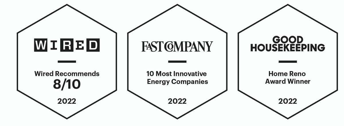 Wired Recommends 8/10 (2022), Fast Company 10 Most Innovative Energy Companies (2022), Good Housekeeping Home Reno Award Winner (2022)