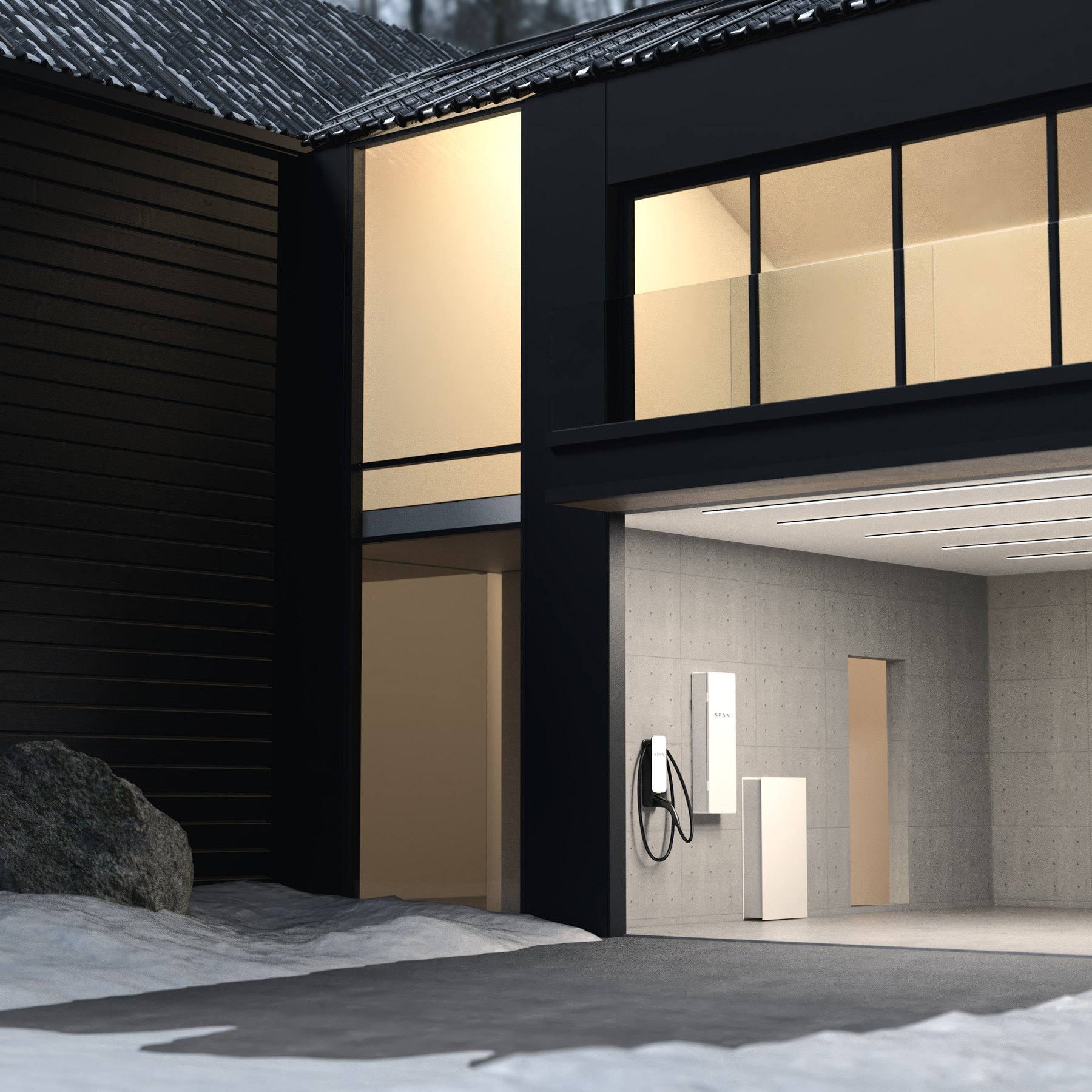 A modern home with a SPAN Panel and SPAN Drive EV charger installed in the garage